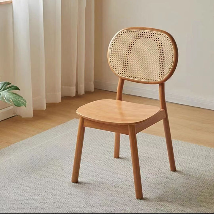 Zeitgenössischer nordischer rechteckiger Esszimmerstuhl mit Rückenlehne, aus massivem Gummibaumholz, Sperrholz und Rattan-Gewebe, ohne Armlehnen, für das Esszimmer 
