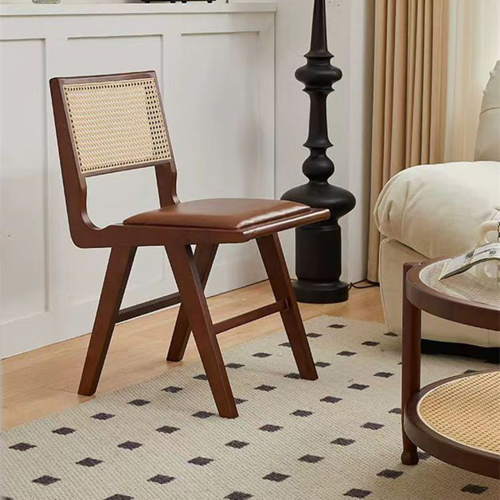 Contemporary Nordic H-Shaped Rubberwood Faux Rattan Weaving PU Leather Sponge Dining Chair Backrest Armless For Dining Room