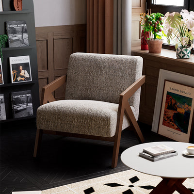 Traditional Vintage Rectangular Rubberwood Lambswool Jacquard Sponge Cotton and Linen Single Person Accent Chair Backrest Armrest For Living Room