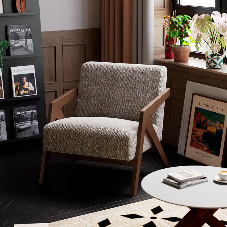 Traditional Vintage Rectangular Rubberwood Lambswool Jacquard Sponge Cotton and Linen Single Person Accent Chair Backrest Armrest For Living Room