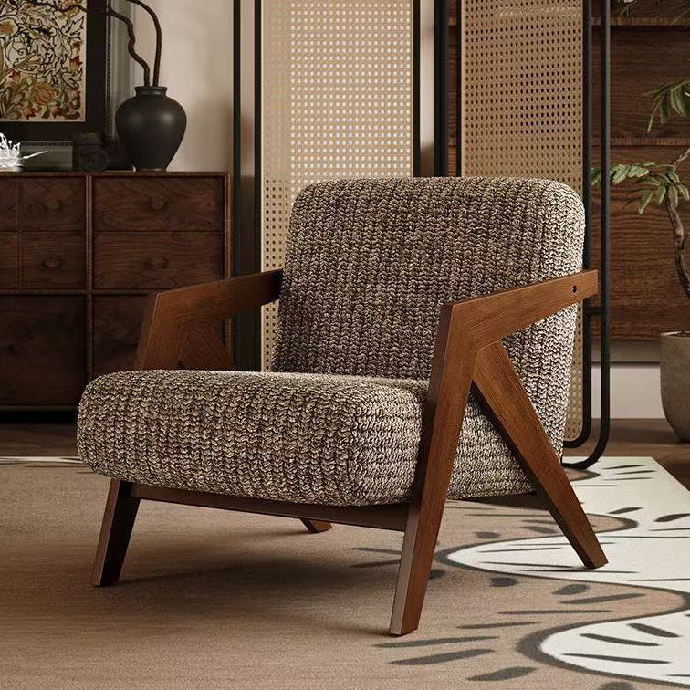 Traditional Vintage Rectangular Rubberwood Lambswool Jacquard Sponge Cotton and Linen Single Person Accent Chair Backrest Armrest For Living Room