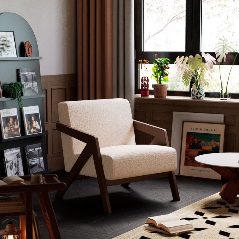 Traditional Vintage Rectangular Rubberwood Lambswool Jacquard Sponge Cotton and Linen Single Person Accent Chair Backrest Armrest For Living Room