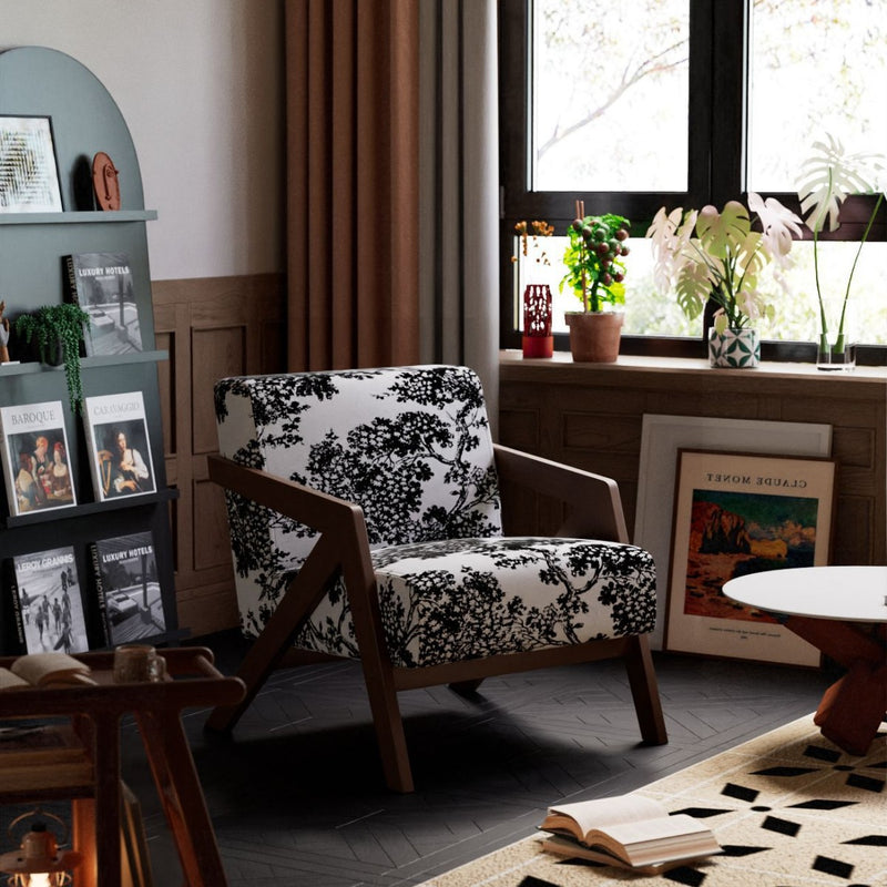 Traditional Vintage Rectangular Rubberwood Lambswool Jacquard Sponge Cotton and Linen Single Person Accent Chair Backrest Armrest For Living Room