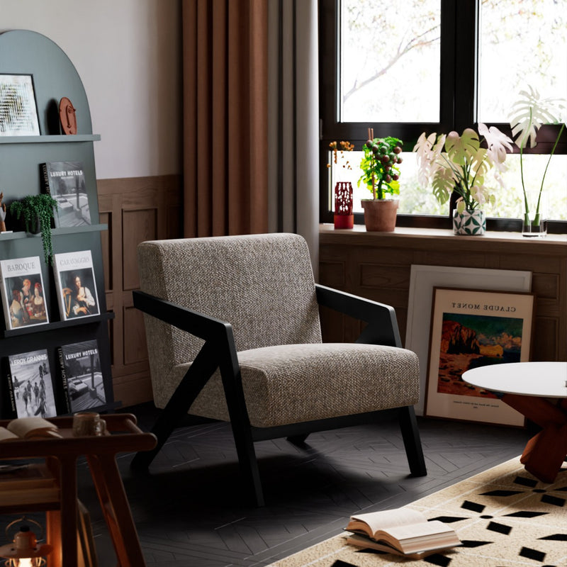 Traditional Vintage Rectangular Rubberwood Lambswool Jacquard Sponge Cotton and Linen Single Person Accent Chair Backrest Armrest For Living Room