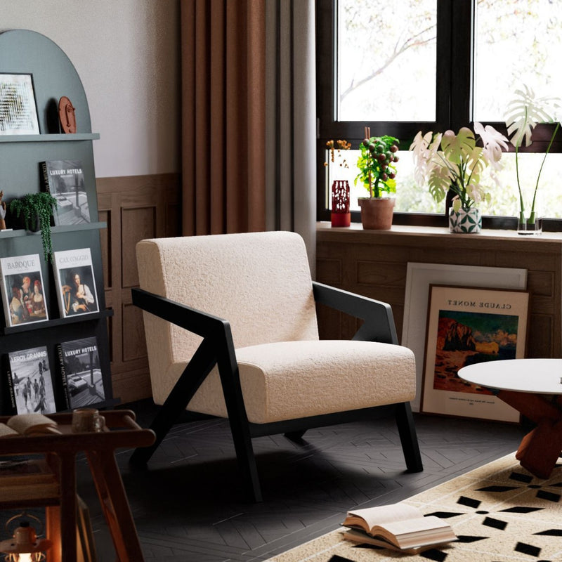 Traditional Vintage Rectangular Rubberwood Lambswool Jacquard Sponge Cotton and Linen Single Person Accent Chair Backrest Armrest For Living Room