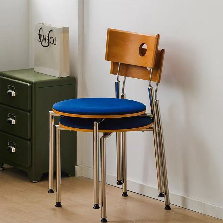Modern Minimalist Round Stainless Steel Wood Velvet Sponge Dining Chair Backrest Armless For Living Room