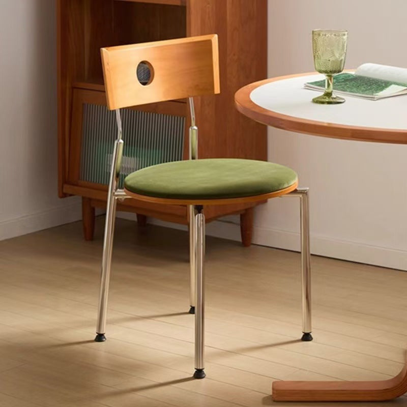 Modern Minimalist Round Stainless Steel Wood Velvet Sponge Dining Chair Backrest Armless For Living Room