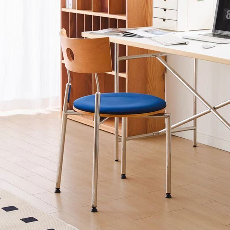 Modern Minimalist Round Stainless Steel Wood Velvet Sponge Dining Chair Backrest Armless For Living Room