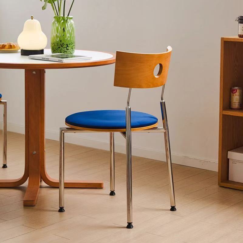 Modern Minimalist Round Stainless Steel Wood Velvet Sponge Dining Chair Backrest Armless For Living Room