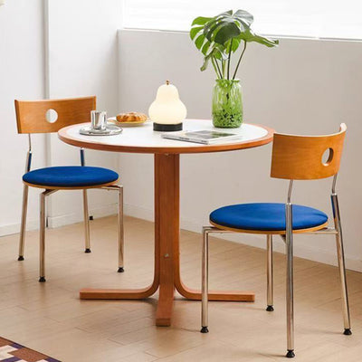 Modern Minimalist Round Stainless Steel Wood Velvet Sponge Dining Chair Backrest Armless For Living Room