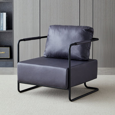 Chaise d'appoint contemporaine industrielle rectangulaire en fer, cuir et tissu technique pour une personne avec dossier et accoudoirs pour le salon 