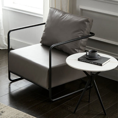 Chaise d'appoint contemporaine industrielle rectangulaire en fer, cuir et tissu technique pour une personne avec dossier et accoudoirs pour le salon 