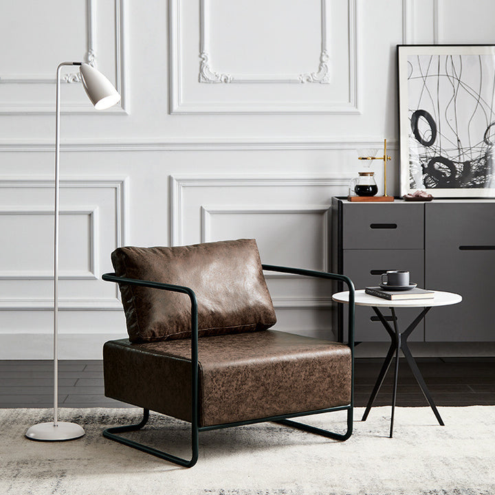 Chaise d'appoint contemporaine rectangulaire en acier au carbone, similicuir et tissu technique pour une personne, avec dossier et accoudoirs, pour salon 