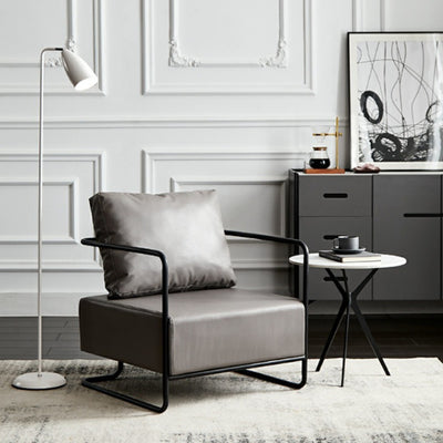 Chaise d'appoint contemporaine industrielle rectangulaire en fer, cuir et tissu technique pour une personne avec dossier et accoudoirs pour le salon 