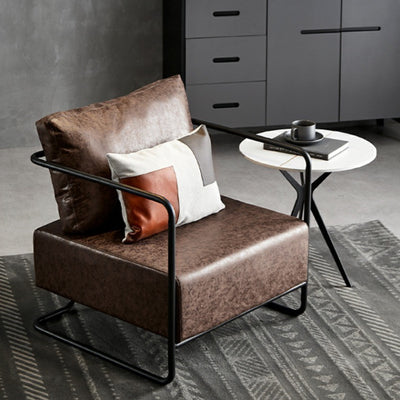 Chaise d'appoint contemporaine industrielle rectangulaire en fer, cuir et tissu technique pour une personne avec dossier et accoudoirs pour le salon 