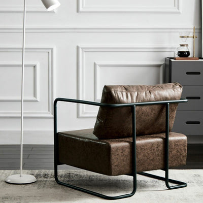 Chaise d'appoint contemporaine industrielle rectangulaire en fer, cuir et tissu technique pour une personne avec dossier et accoudoirs pour le salon 