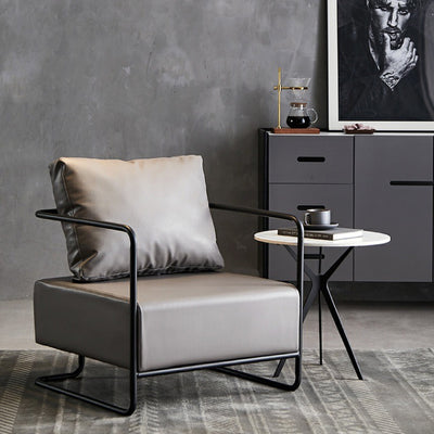 Chaise d'appoint contemporaine industrielle rectangulaire en fer, cuir et tissu technique pour une personne avec dossier et accoudoirs pour le salon 