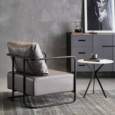 Chaise d'appoint contemporaine industrielle rectangulaire en fer, cuir et tissu technique pour une personne avec dossier et accoudoirs pour le salon 