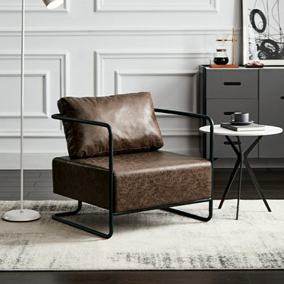 Chaise d'appoint contemporaine industrielle rectangulaire en fer, cuir et tissu technique pour une personne avec dossier et accoudoirs pour le salon 