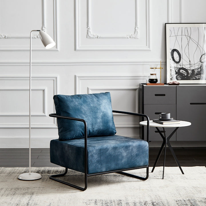 Chaise d'appoint contemporaine rectangulaire en acier au carbone, similicuir et tissu technique pour une personne, avec dossier et accoudoirs, pour salon 