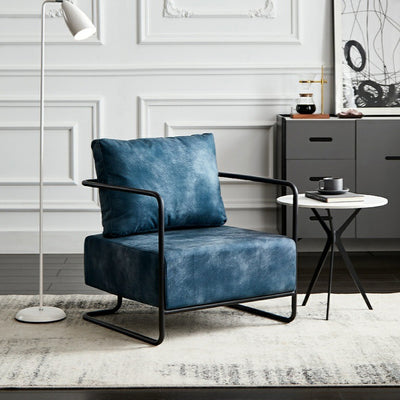 Chaise d'appoint contemporaine industrielle rectangulaire en fer, cuir et tissu technique pour une personne avec dossier et accoudoirs pour le salon 