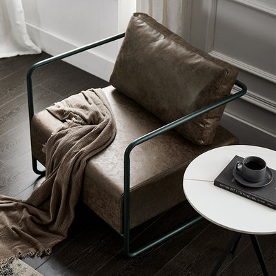 Chaise d'appoint contemporaine industrielle rectangulaire en fer, cuir et tissu technique pour une personne avec dossier et accoudoirs pour le salon 