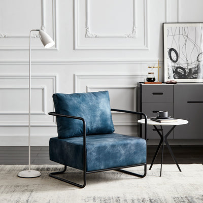 Chaise d'appoint contemporaine industrielle rectangulaire en fer, cuir et tissu technique pour une personne avec dossier et accoudoirs pour le salon 