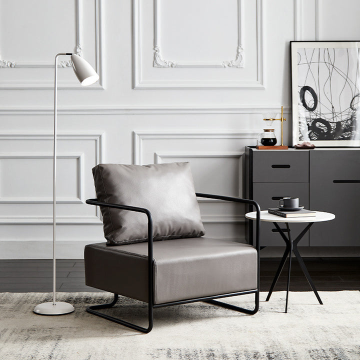Chaise d'appoint contemporaine rectangulaire en acier au carbone, similicuir et tissu technique pour une personne, avec dossier et accoudoirs, pour salon 