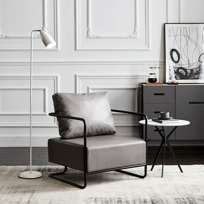 Chaise d'appoint contemporaine industrielle rectangulaire en fer, cuir et tissu technique pour une personne avec dossier et accoudoirs pour le salon 