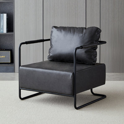Chaise d'appoint contemporaine industrielle rectangulaire en fer, cuir et tissu technique pour une personne avec dossier et accoudoirs pour le salon 