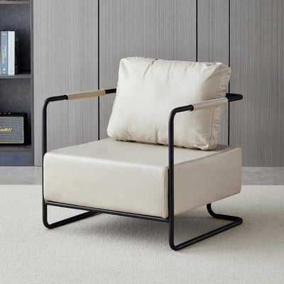 Chaise d'appoint contemporaine industrielle rectangulaire en fer, cuir et tissu technique pour une personne avec dossier et accoudoirs pour le salon 