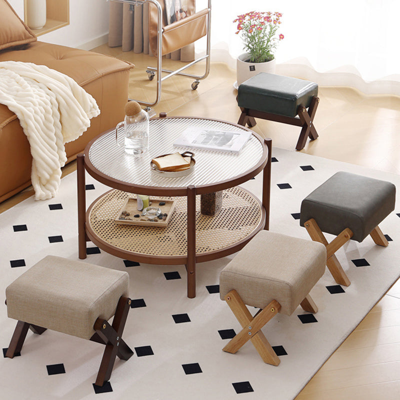 Taburete Moderno Minimalista Rectangular de Madera de Caucho con Tela de Esponja y Cuero PU Sin Brazos Sin Respaldo Para Sala de Estar 