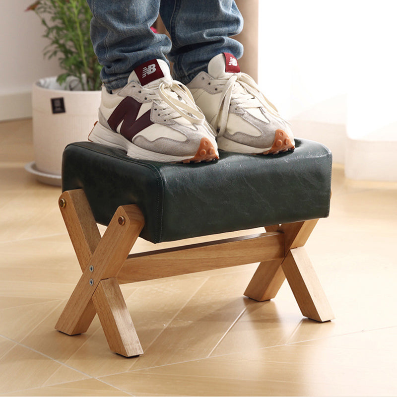 Taburete Moderno Minimalista Rectangular de Madera de Caucho con Tela de Esponja y Cuero PU Sin Brazos Sin Respaldo Para Sala de Estar 