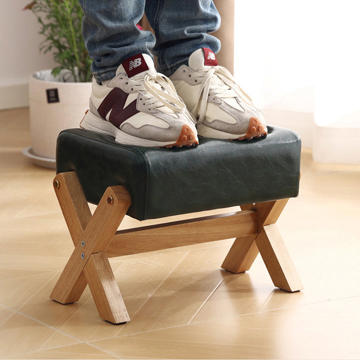 Taburete Moderno Minimalista Rectangular de Madera de Caucho con Tela de Esponja y Cuero PU Sin Brazos Sin Respaldo Para Sala de Estar 