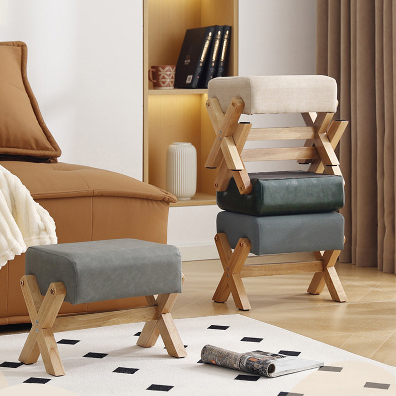 Taburete Moderno Minimalista Rectangular de Madera de Caucho con Tela de Esponja y Cuero PU Sin Brazos Sin Respaldo Para Sala de Estar 