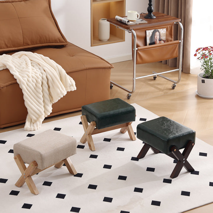 Taburete Moderno Minimalista Rectangular de Madera de Caucho con Tela de Esponja y Cuero PU Sin Brazos Sin Respaldo Para Sala de Estar 