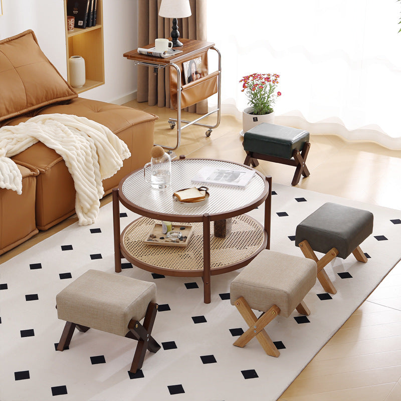 Taburete Moderno Minimalista Rectangular de Madera de Caucho con Tela de Esponja y Cuero PU Sin Brazos Sin Respaldo Para Sala de Estar 