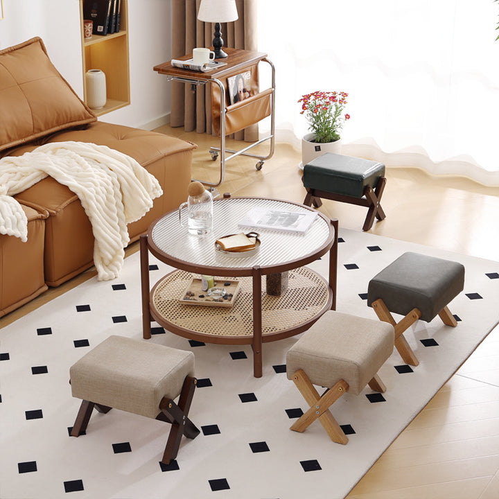 Taburete Moderno Minimalista Rectangular de Madera de Caucho con Tela de Esponja y Cuero PU Sin Brazos Sin Respaldo Para Sala de Estar 