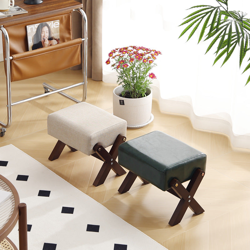 Taburete Moderno Minimalista Rectangular de Madera de Caucho con Tela de Esponja y Cuero PU Sin Brazos Sin Respaldo Para Sala de Estar 