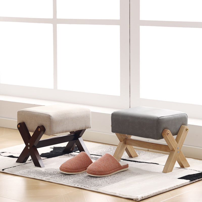 Taburete Moderno Minimalista Rectangular de Madera de Caucho con Tela de Esponja y Cuero PU Sin Brazos Sin Respaldo Para Sala de Estar 