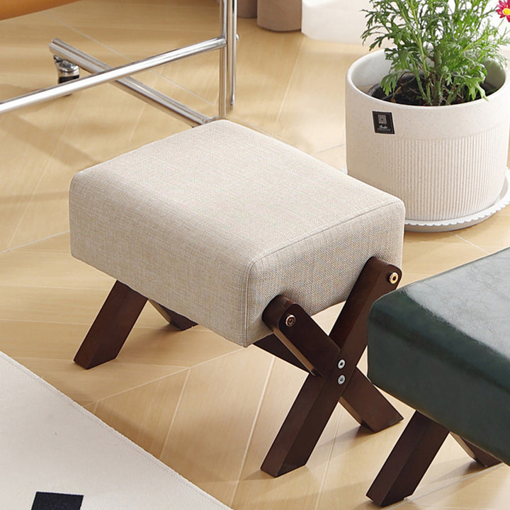 Taburete Moderno Minimalista Rectangular de Madera de Caucho con Tela de Esponja y Cuero PU Sin Brazos Sin Respaldo Para Sala de Estar 