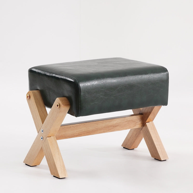 Taburete Moderno Minimalista Rectangular de Madera de Caucho con Tela de Esponja y Cuero PU Sin Brazos Sin Respaldo Para Sala de Estar 