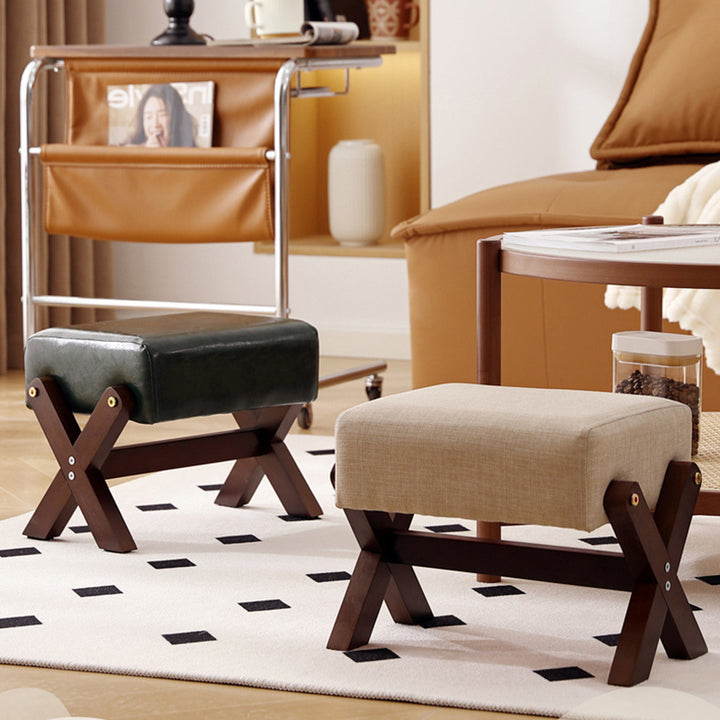 Taburete Moderno Minimalista Rectangular de Madera de Caucho con Tela de Esponja y Cuero PU Sin Brazos Sin Respaldo Para Sala de Estar 