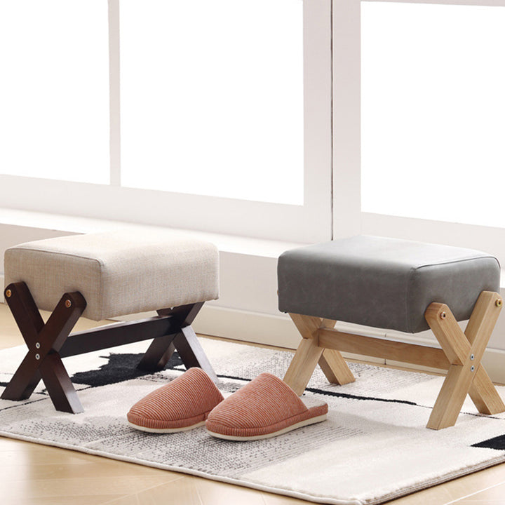 Taburete Moderno Minimalista Rectangular de Madera de Caucho con Tela de Esponja y Cuero PU Sin Brazos Sin Respaldo Para Sala de Estar 
