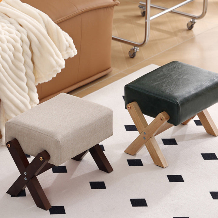 Taburete Moderno Minimalista Rectangular de Madera de Caucho con Tela de Esponja y Cuero PU Sin Brazos Sin Respaldo Para Sala de Estar 