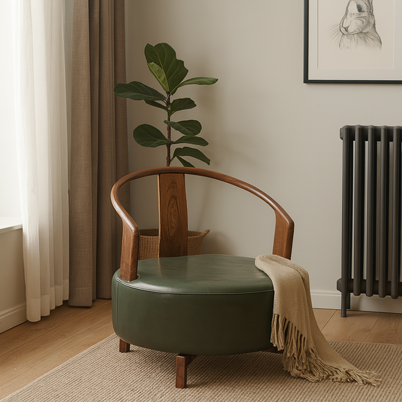 Silla de acento giratoria sin brazos con respaldo contemporáneo nórdico redondo de haya PU cuero esponja para sala de estar 