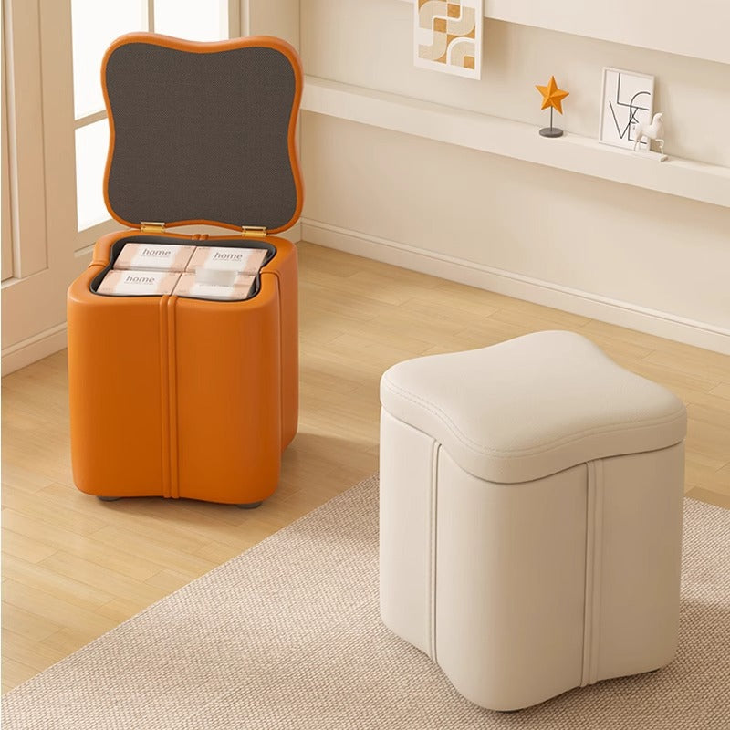 Modern Minimalist Flower Square Storable Solid Wood Tech Fabric Sponge Low Stool Backless Armless For Living Room