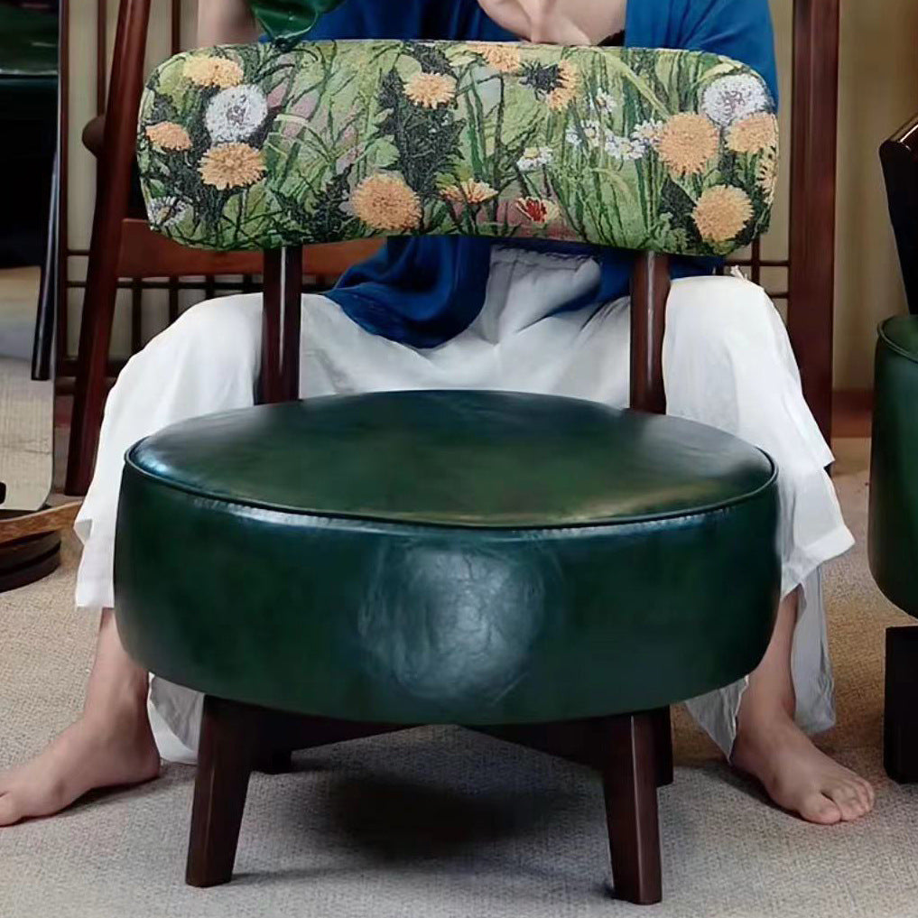 Traditioneller Vintage-Rund-Armlehnenloser Akzentstuhl mit Drehfunktion, Rückenlehne aus Rubberwood-Kunstleder mit Öl-Wachs-Finish und Schwamm für das Wohnzimmer 