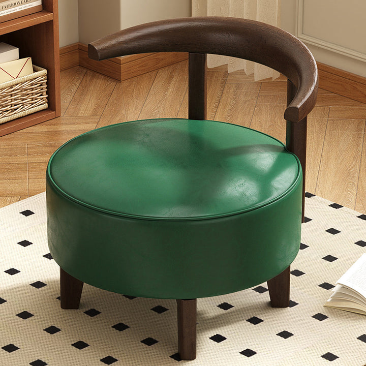 Traditional Vintage Round Rubberwood Faux Oil-Waxed Leather Sponge Swivel Accent Chair Backrest  Armless For Living Room