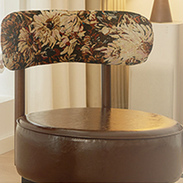Traditioneller Vintage-Rund-Armlehnenloser Akzentstuhl mit Drehfunktion, Rückenlehne aus Rubberwood-Kunstleder mit Öl-Wachs-Finish und Schwamm für das Wohnzimmer 